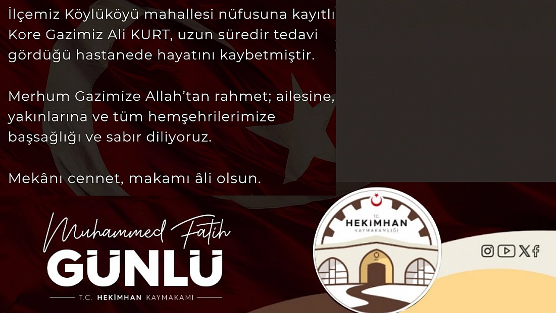 Kaymakamlık acı haberi duyurdu: Kore Gazisi Ali Kurt vefat etti