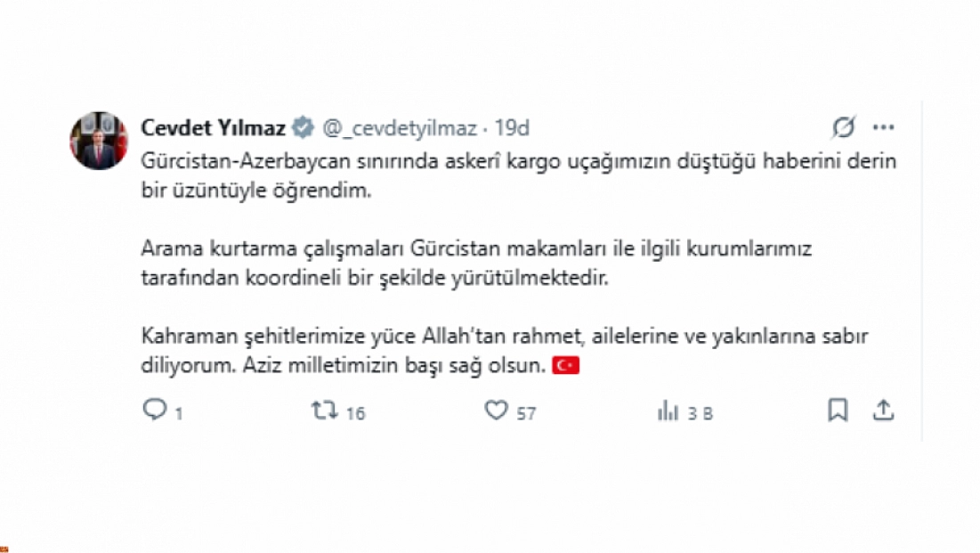 Cumhurbaşkanı Yardımcısı Yılmaz'dan Şehitler İçin Başsağlığı Mesajı