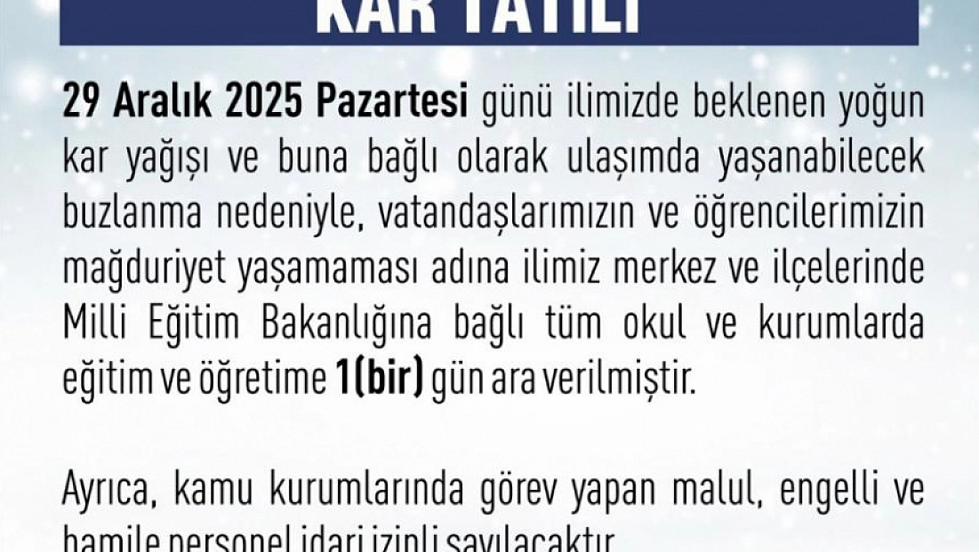 Elazığ’da eğitime 1 gün ara verildi