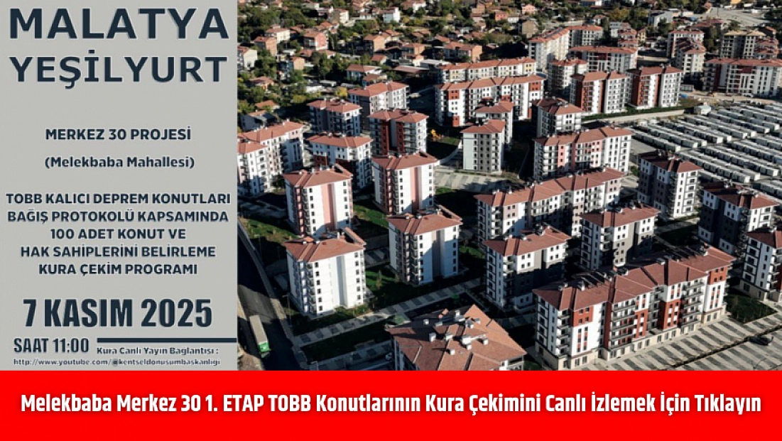 Melekbaba Merkez 30 1. ETAP TOBB kalıcı konutların kura çekimini canlı izlemek için tıklayın…
