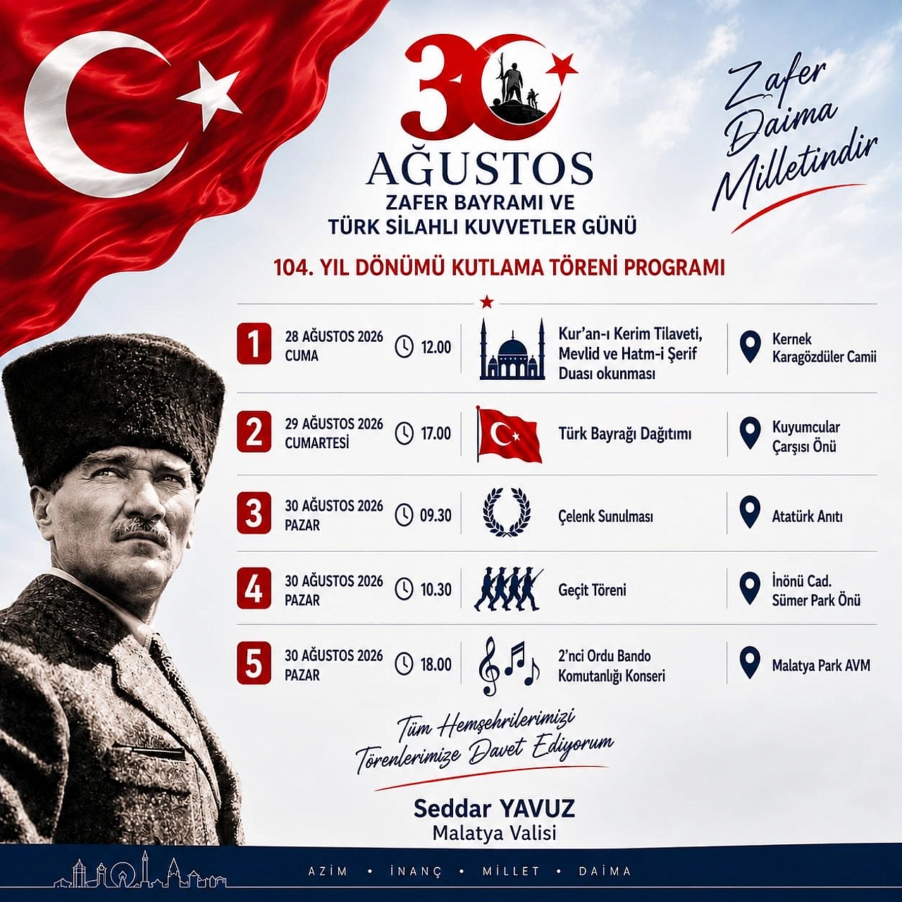 Malatya'da 30 Ağustos Zafer Bayramı kutlama programı belli oldu