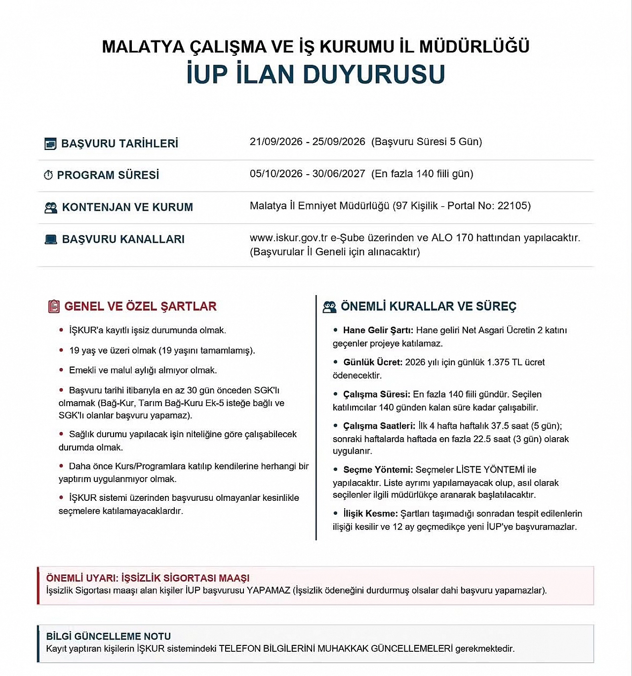 Malatya'da 97 kişilik İUP ilanı: Günlük 1.375 TL ödenecek! Başvurular başladı