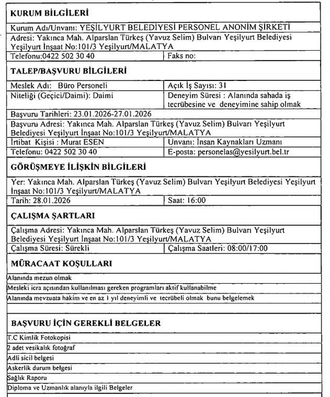 İş arayanlar dikkat: Malatya'da belediyede KPSS'siz iş fırsatı!