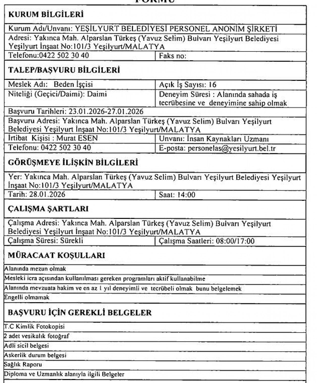 İş arayanlar dikkat: Malatya'da belediyede KPSS'siz iş fırsatı!