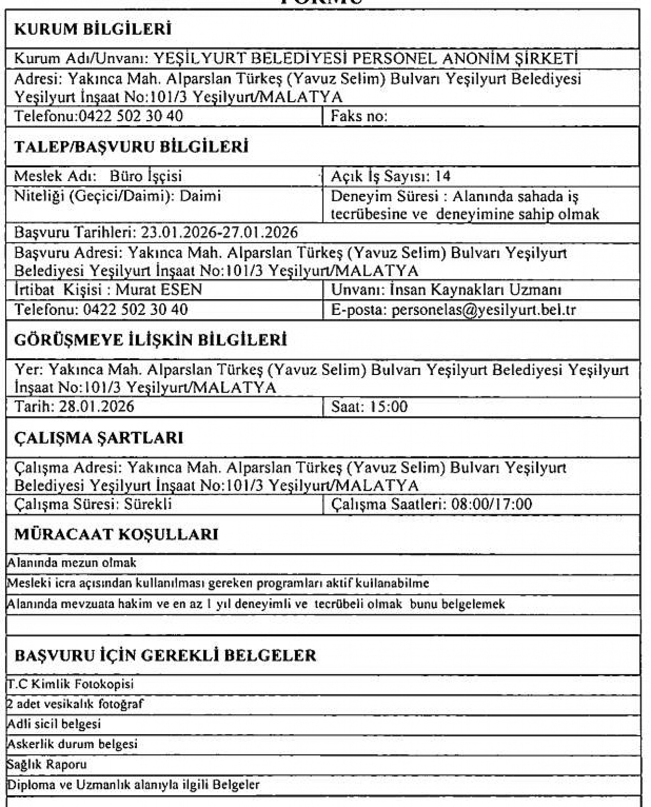 İş arayanlar dikkat: Malatya'da belediyede KPSS'siz iş fırsatı!