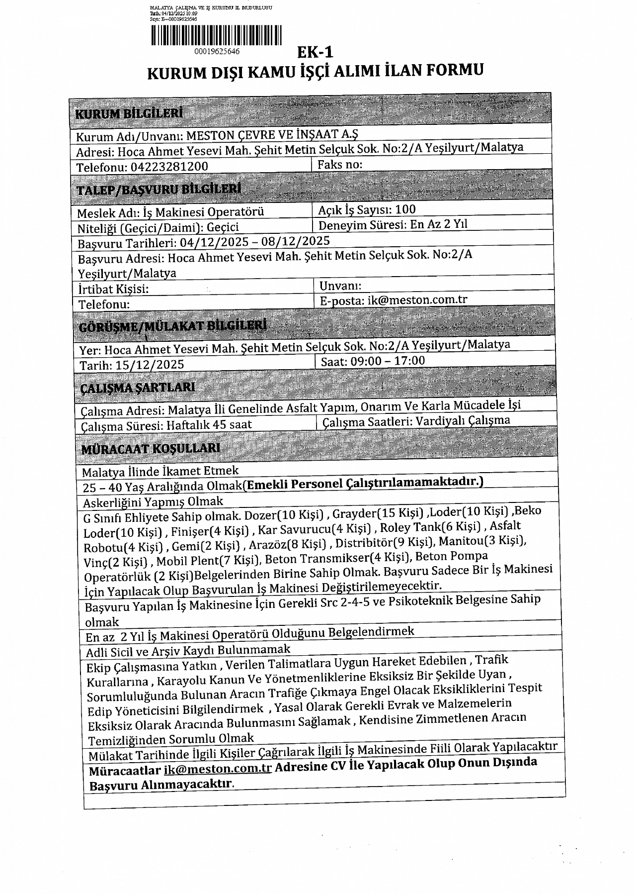 Malatya Büyükşehir Belediyesi 100 Personel Alıyor!