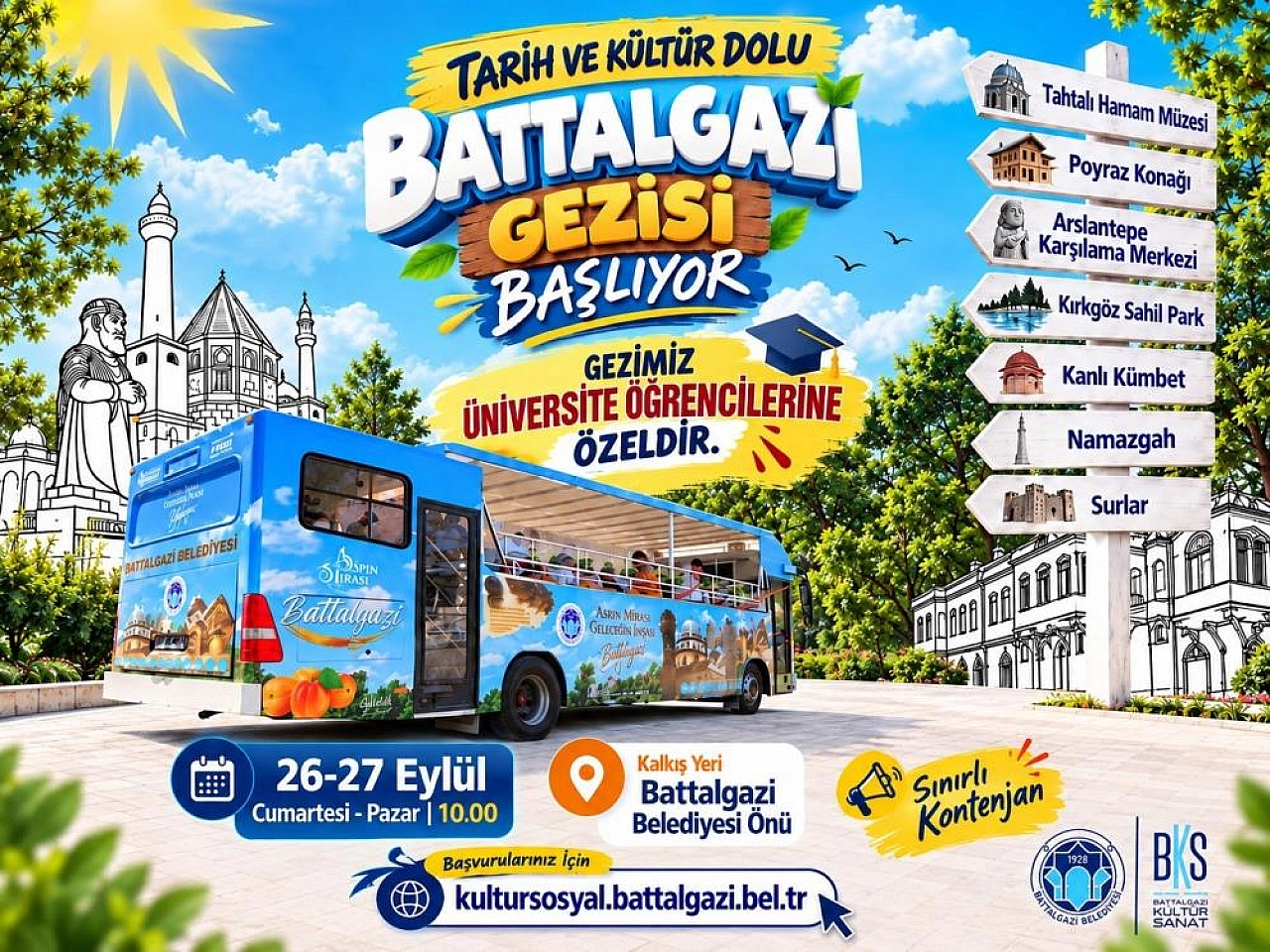 Üniversiteliler için ücretsiz Battalgazi turu: Tarihi yapılar üstü açık otobüsle gezilecek