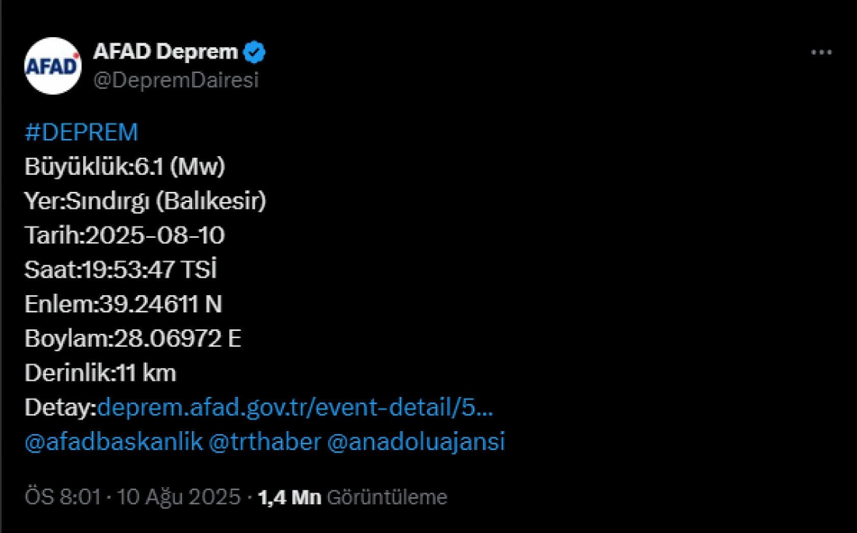 Balıkesir'de 6,1 büyüklüğünde deprem
