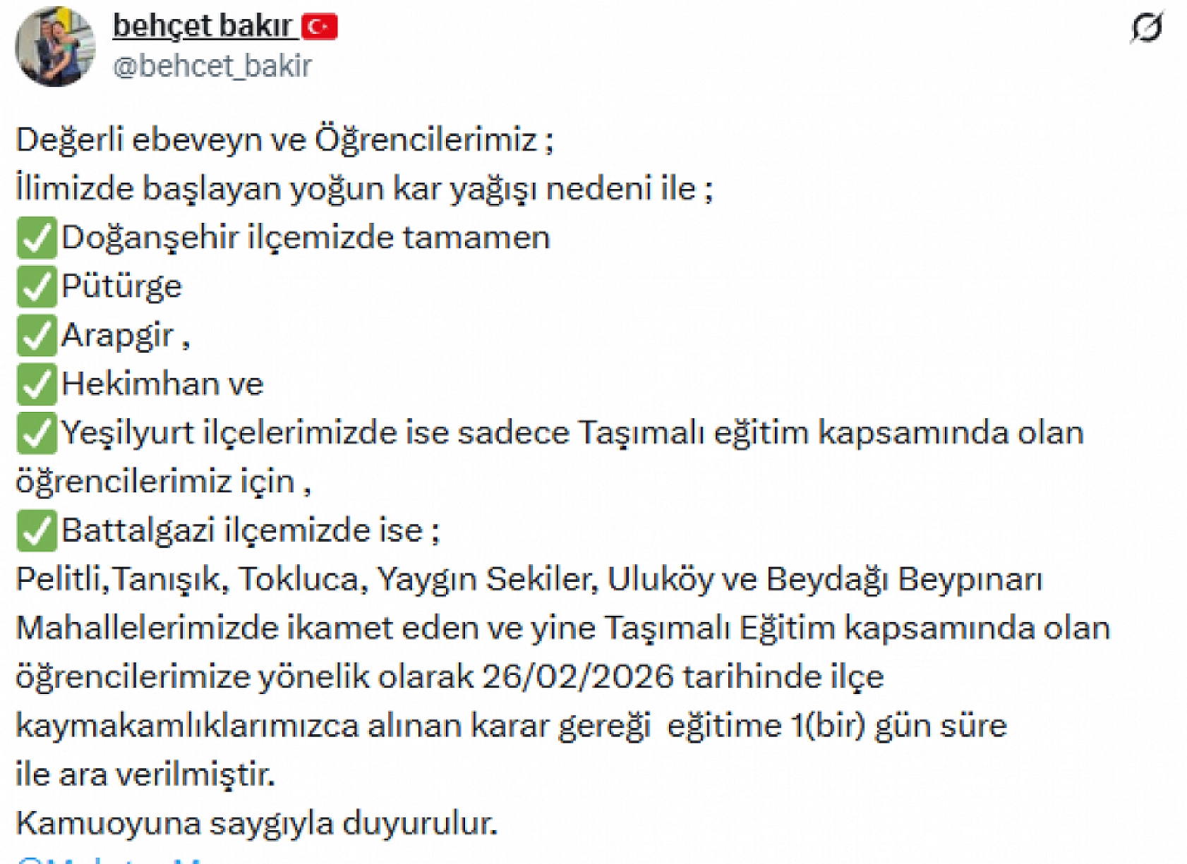Malatya'da Kar Nedeniyle Eğitime 1 Gün Ara: İlçe İlçe Tatil Listesi