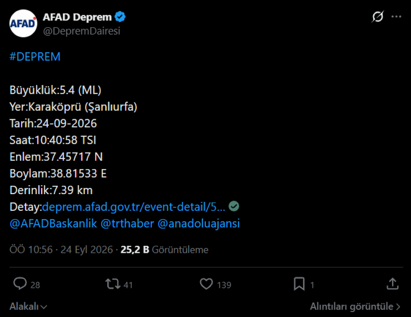 Şanlıurfa'daki 5.4 şiddetindeki deprem Malatya'da da hissedildi