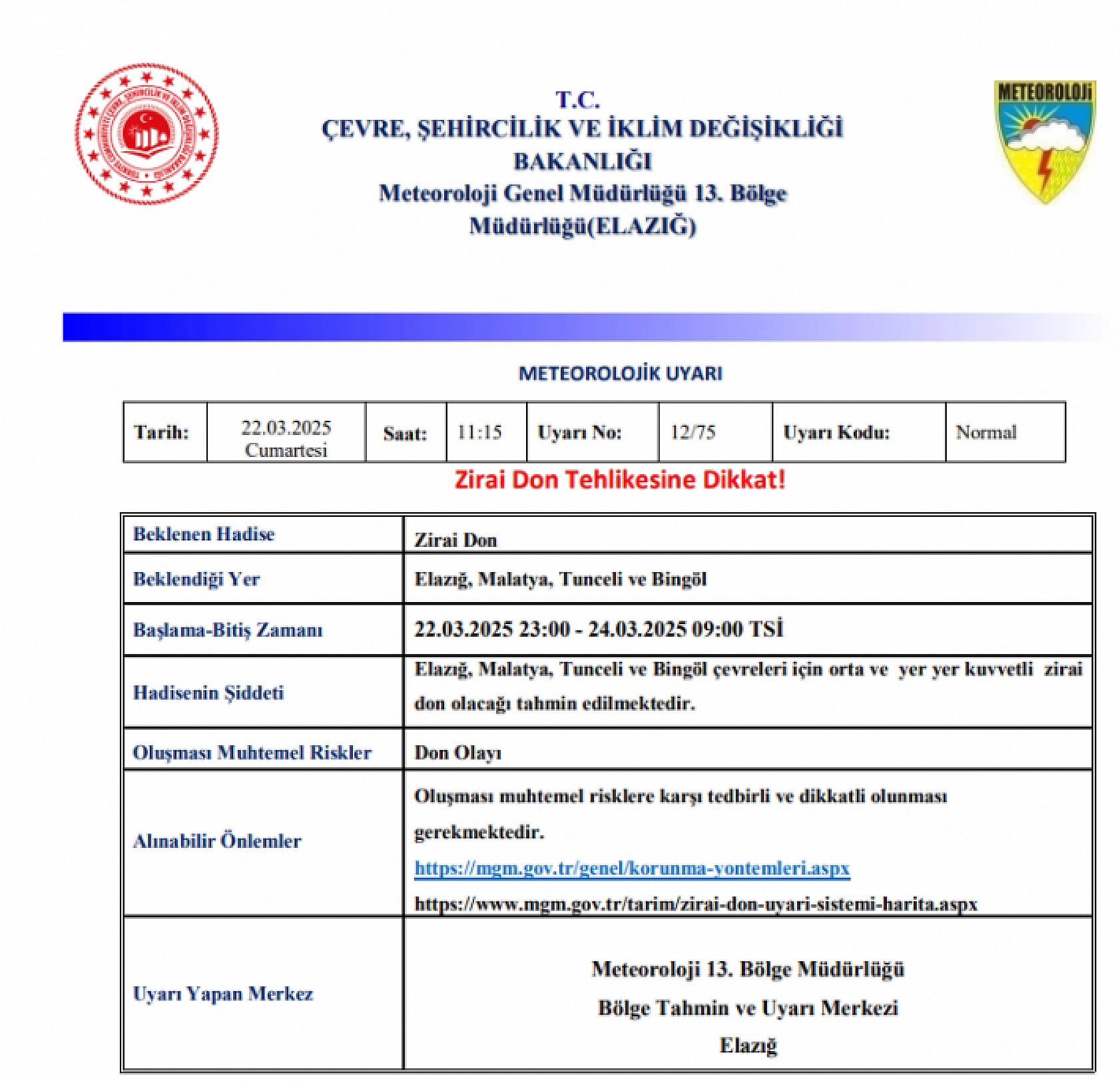 Meteoroloji Uyardı: Malatya'da Zirai Don Tarımı Vuracak!