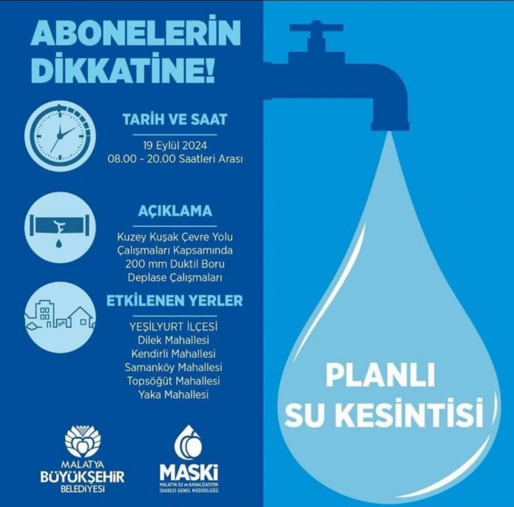 Malatya'ya Su Kesintisi Uyarısı! Birçok Mahalleye Saatlerce Su Verilmeyecek! İşte, 19 Eylül Su Kesintisi Yaşanacak Mahalleler…