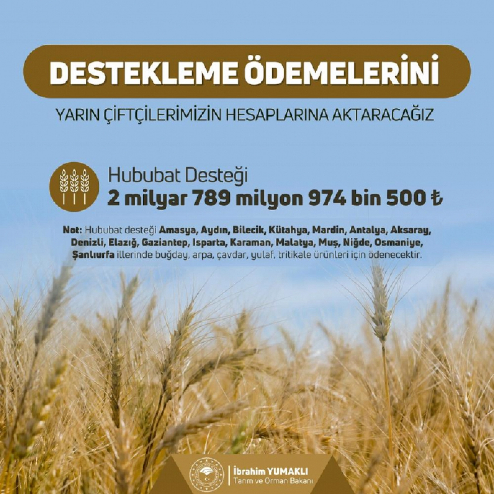Malatya'da çiftçilere 2 milyar 789 milyon 974 bin 500 TL'lik destek ödemesi