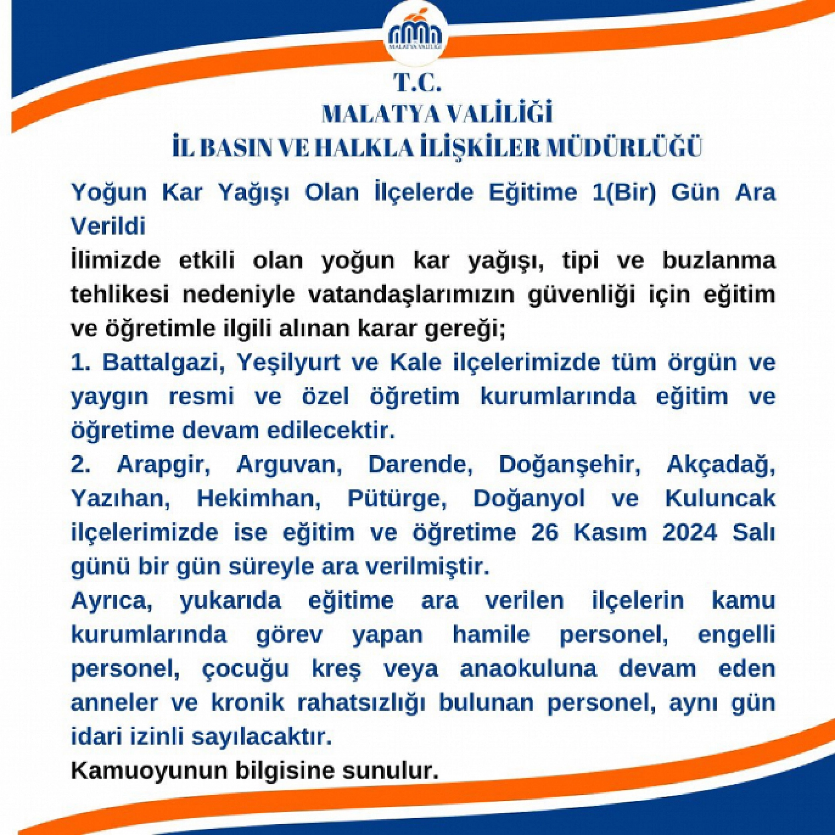 Malatya Valiliği'nden Kar Tatili Kararı: 10 İlçe İçin 1 Günlük Tatil