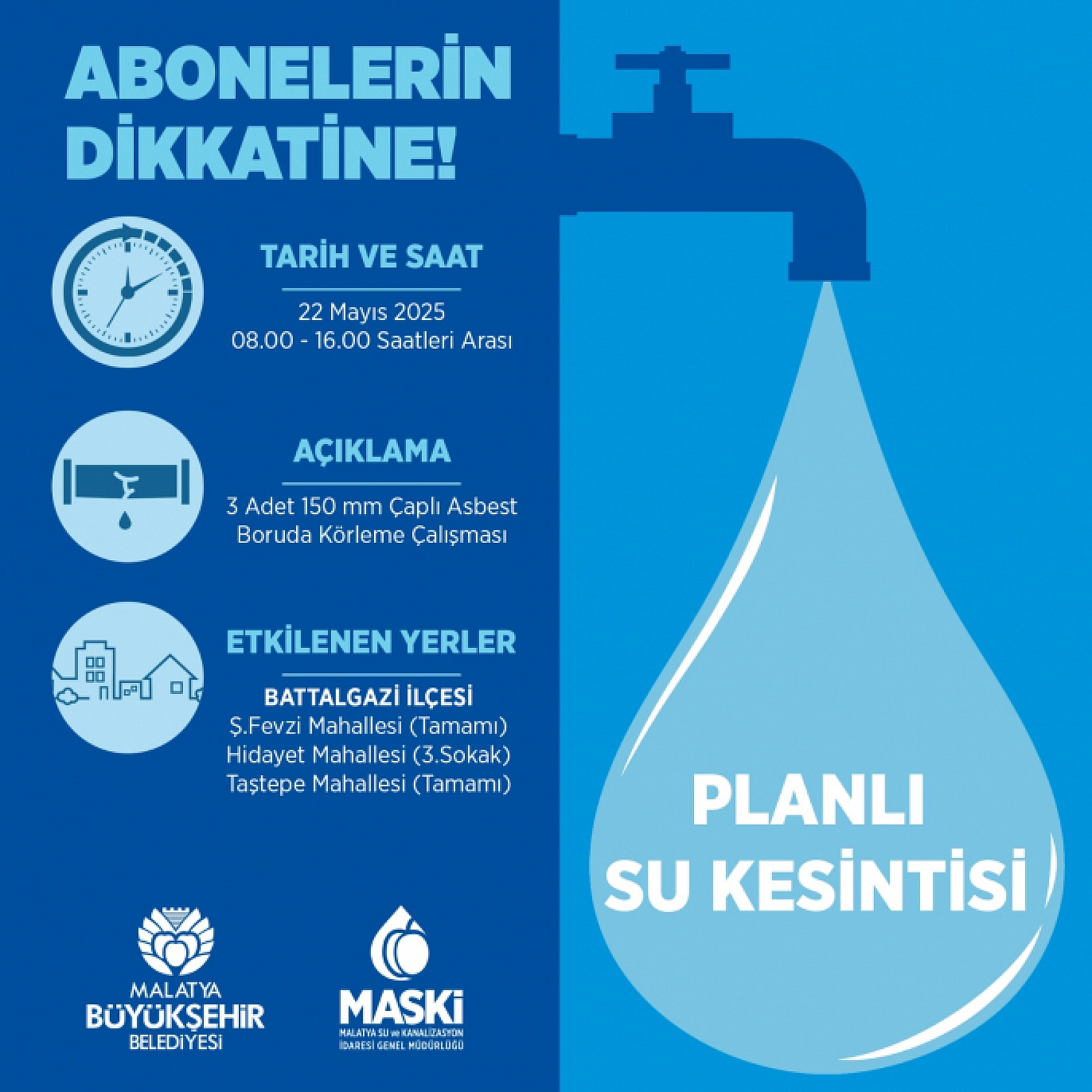 MASKİ Duyurdu| 3 mahalleye saatlerce su verilmeyecek...