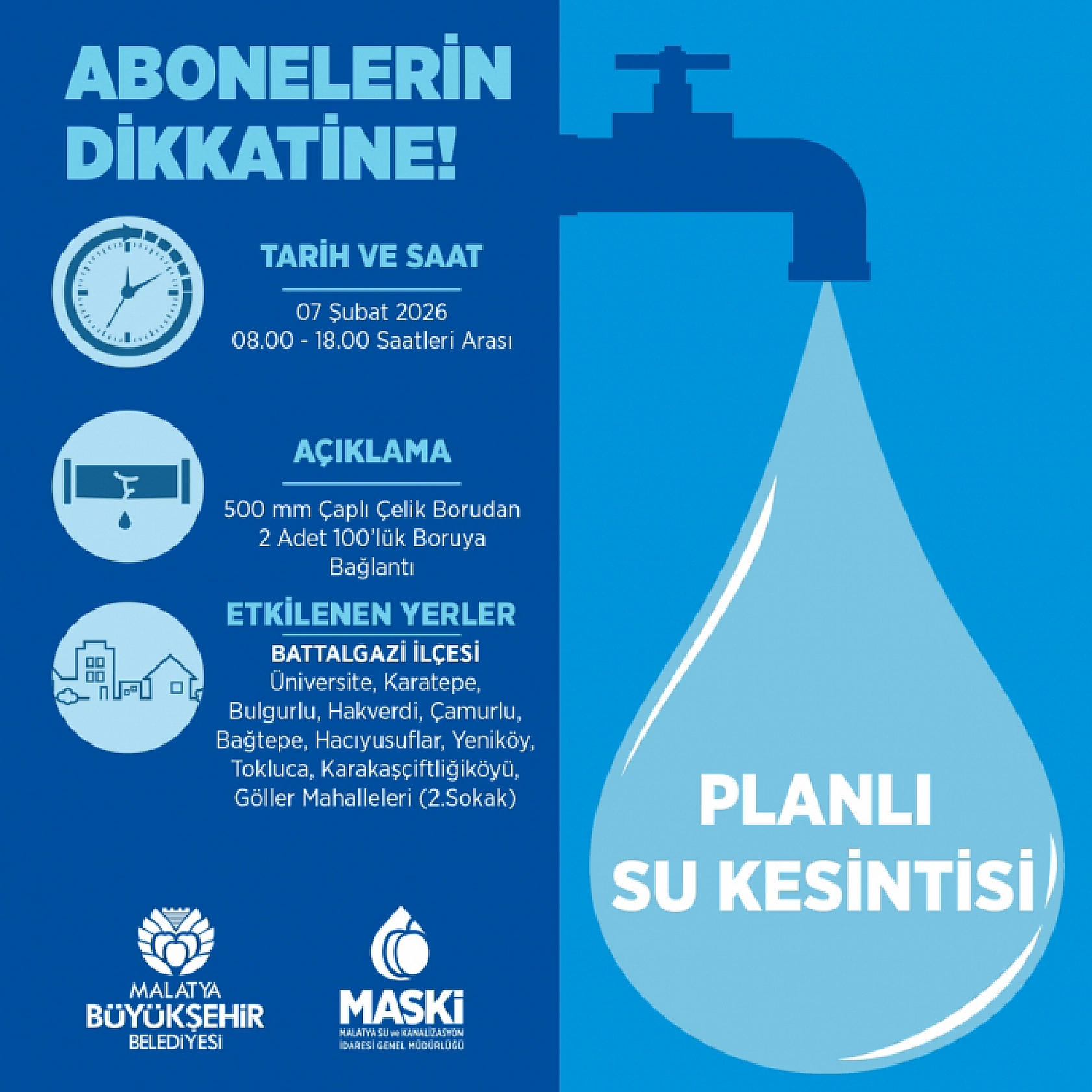 MASKİ duyurdu: Malatya'da 11 mahallede su kesintisi yaşanacak!