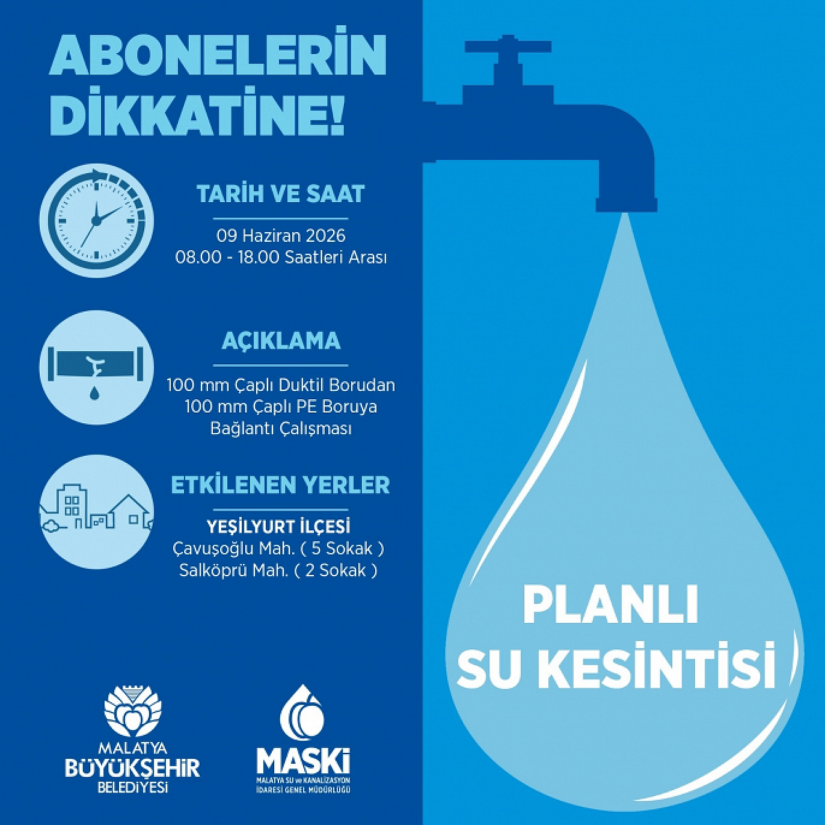MASKİ Duyurdu: Malatya'nın bazı bölgelerine 11 saat su verilmeyecek