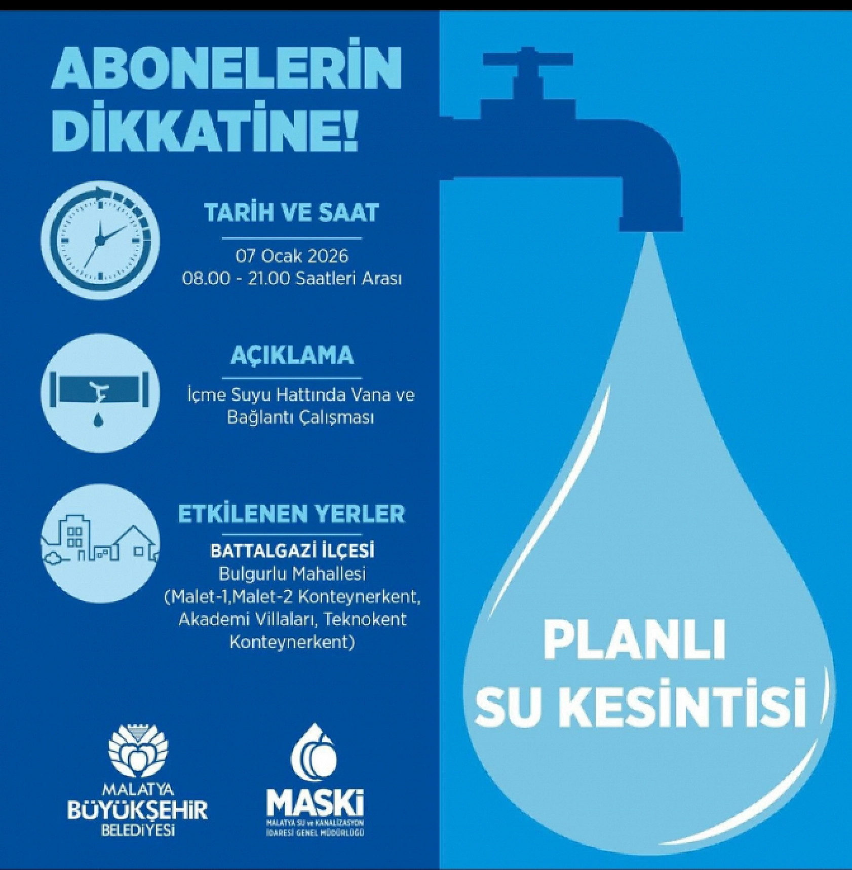 MASKİ Duyurdu: Battalgazi'de Planlı Su Kesintisi! Saatlerce Su Verilmeyecek