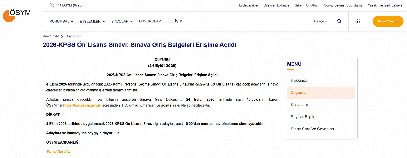 2026-KPSS Ön Lisans sınav giriş belgeleri erişime açıldı