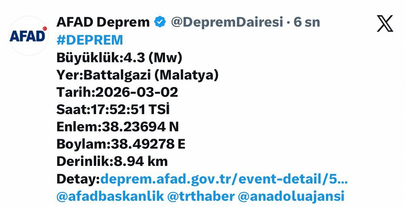 Malatya'da 4,3 Büyüklüğünde Korkutan Deprem