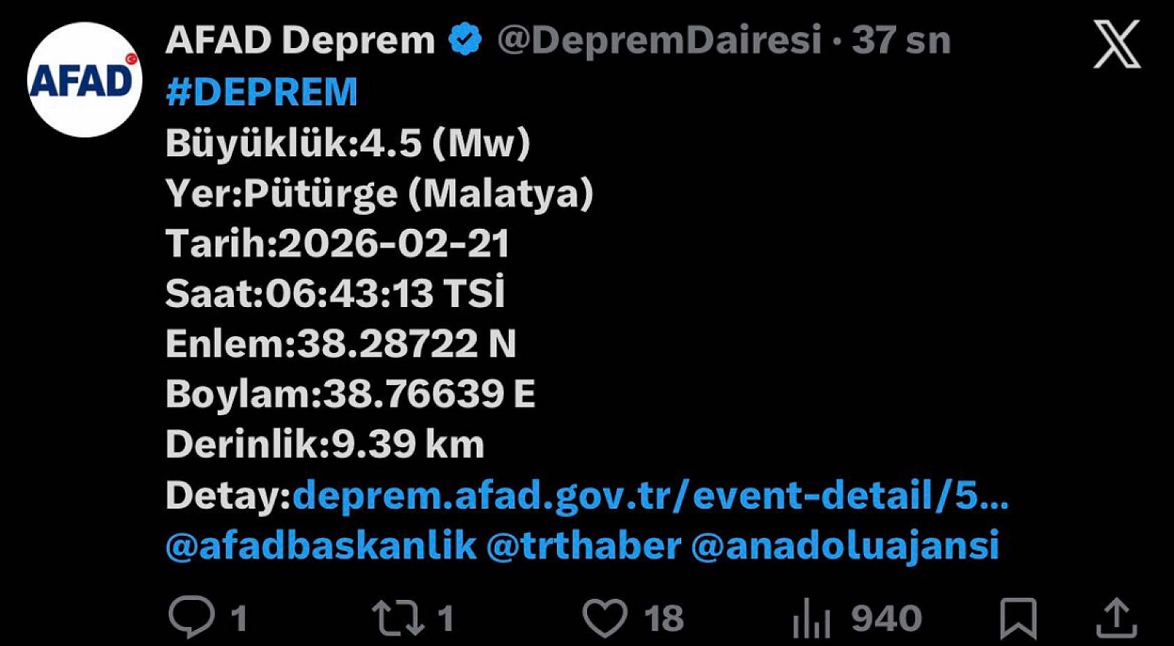 Malatya'da Korkutan Deprem! Sabah Saatlerinde 4,5'lik Sarsıntı