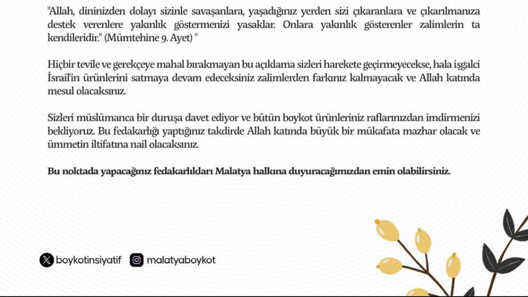 Malatya Boykot İnisiyatifi'nden Marketlere Çağrı: Bu Ürünleri Raflardan Kaldırın!