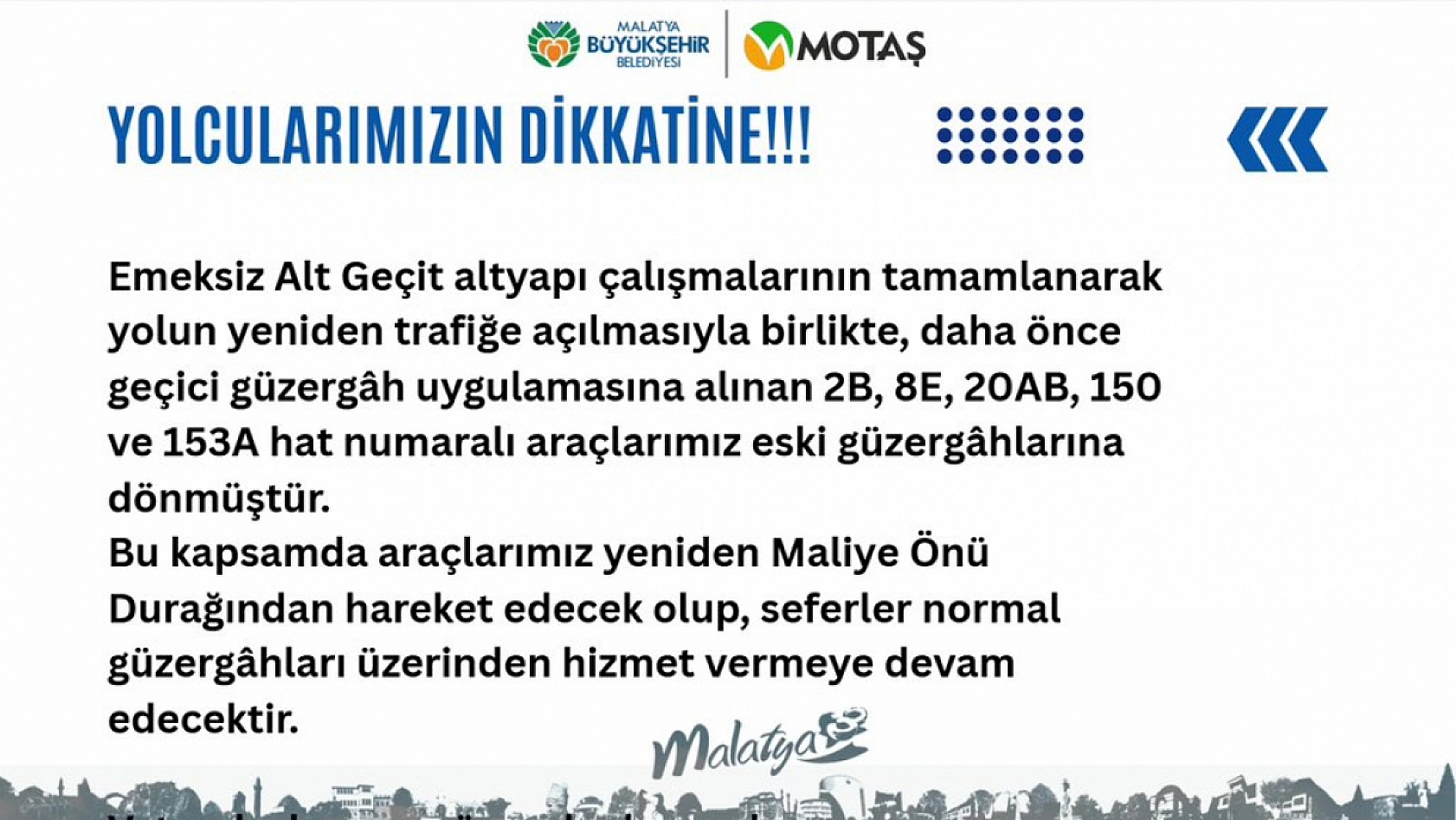 Malatya'da 38 günlük çalışma bitti! MOTAŞ duyurdu, hatlar eski yerine döndü!