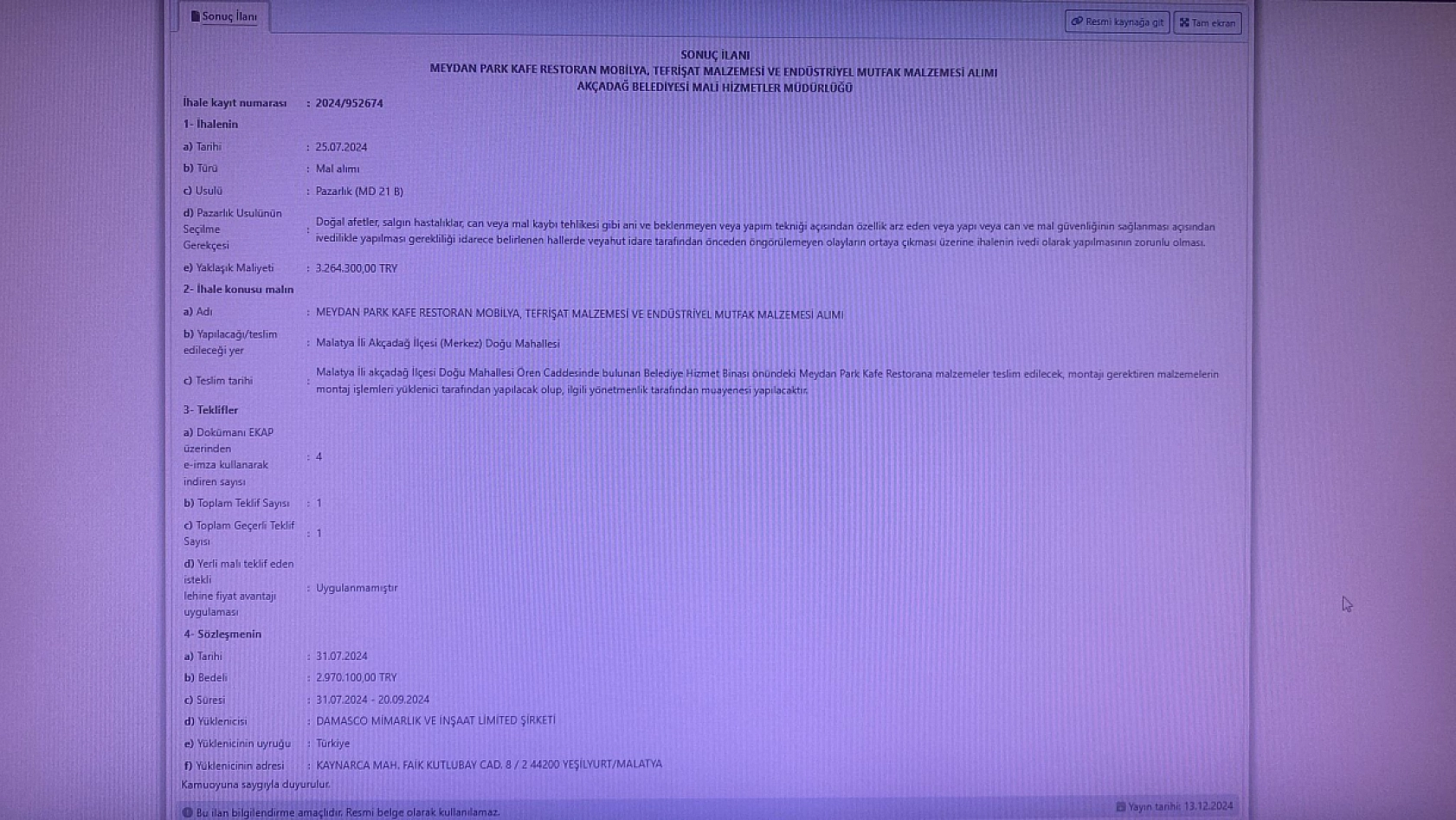 Malatya'da bir yıllık firmaya 3 milyon 264 bin TL'lik ihale