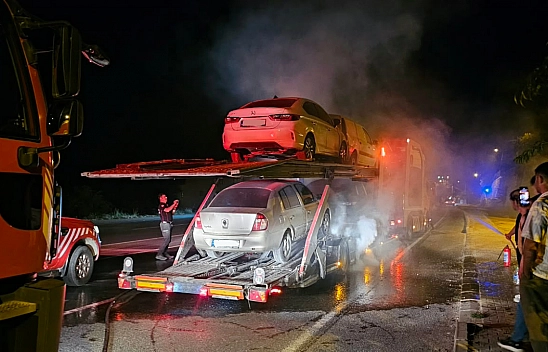 Malatya'da araç taşıyan tır alev aldı