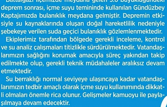Malatya'da deprem sonrası içme suyunda bulanıklık oldu