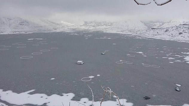 Çat Barajı'nın yüzeyi buz tuttu