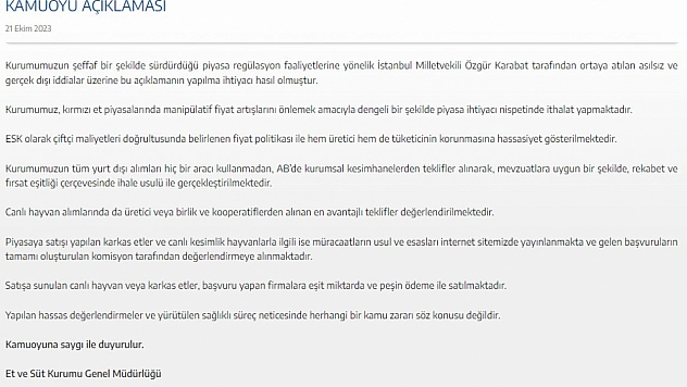 Et ve Süt Kurumu'ndan CHP'ye cevap