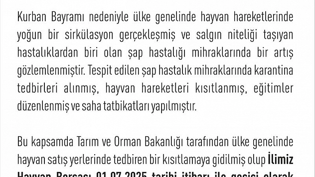 Hayvan Borsası, şap tedbirleri kapsamında geçici olarak kapatıldı