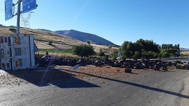Kayısı yüklü kamyon devrildi