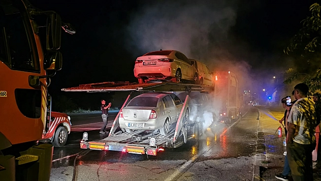Malatya'da araç taşıyan tır alev aldı
