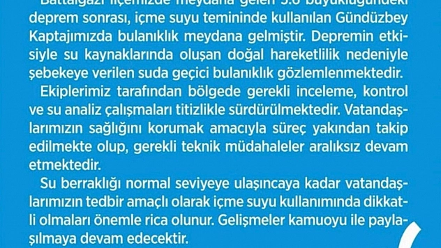 Malatya'da deprem sonrası içme suyunda bulanıklık oldu