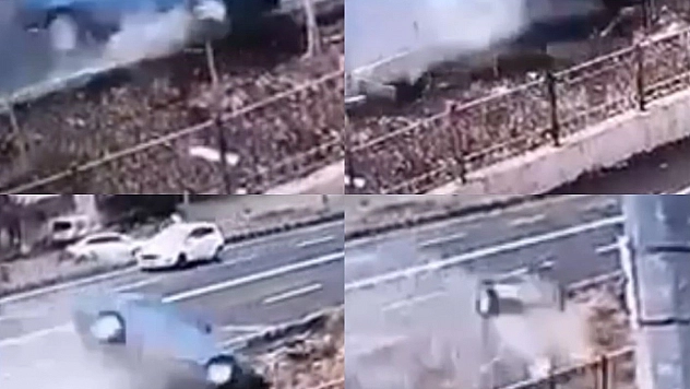 Otomobilin drenaj kanalına uçtuğu anlar görüntülendi