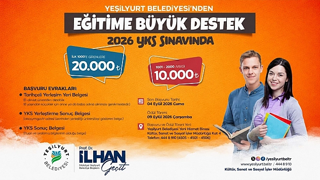 Yeşilyurt Belediyesi'nden öğrencilere 20 bin TL'lik YKS desteği| Başvurular başladı: Son gün 4 Eylül