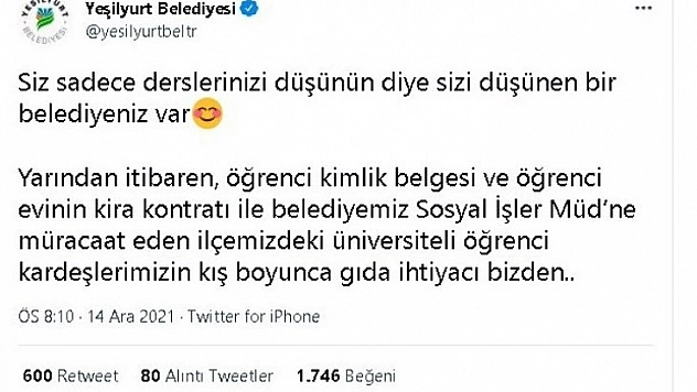 Yeşilyurt Belediyesinden büyük jest