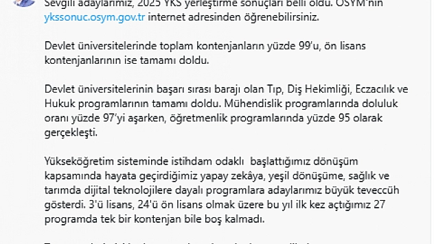 YÖK Başkanı Özvar: Kontenjanların 99'u Doldu