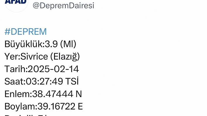 Elazığ'da 3.9 büyüklüğünde deprem