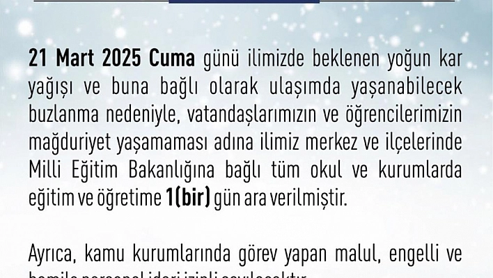 Elazığ'da eğitime 1 gün ara verildi