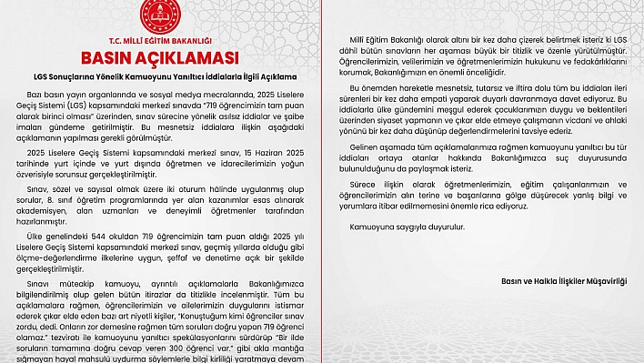 Milli Eğitim Bakanlığı'ndan LGS İddialarına Sert Yanıt: 'Asılsız İddialara İtibar Etmeyin!'