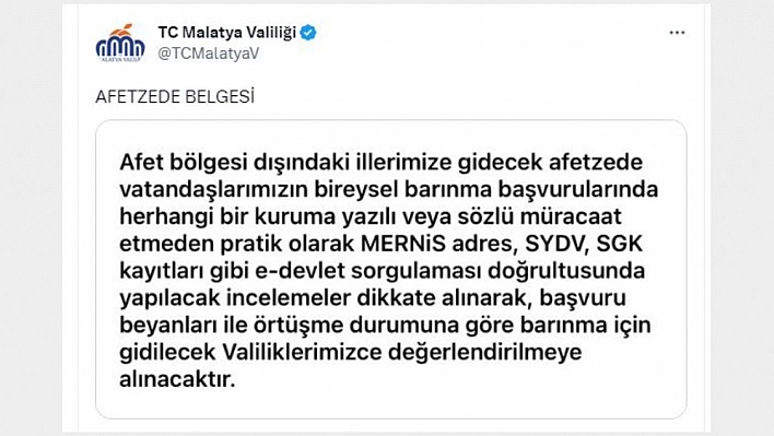 Valilikten afetzede belgesi uyarısı