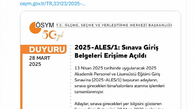 ALES giriş belgeleri erişime açıldı