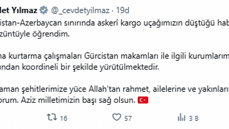 Cumhurbaşkanı Yardımcısı Yılmaz'dan Şehitler İçin Başsağlığı Mesajı