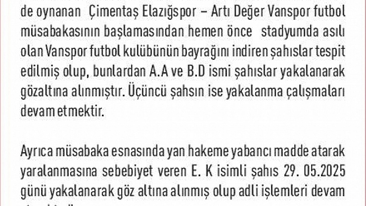 Elazığspor-Vanspor maçında hakeme musluk atan şahıs yakalandı