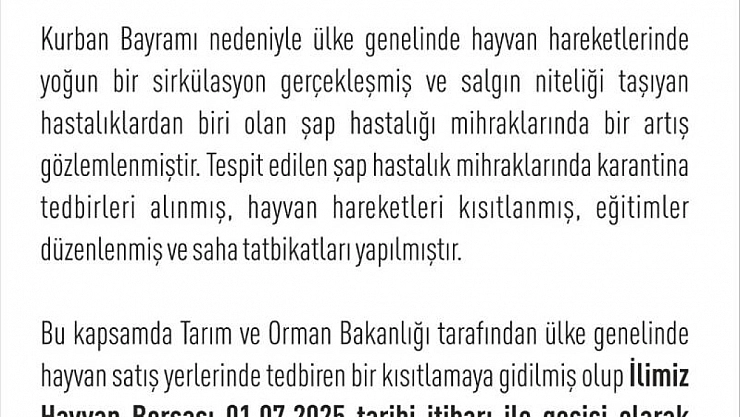 Hayvan Borsası, şap tedbirleri kapsamında geçici olarak kapatıldı