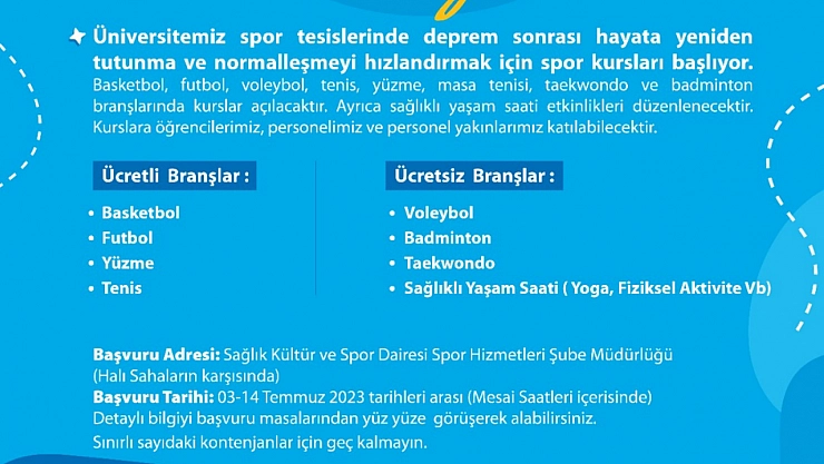 İnönü'de spor kursları başlıyor