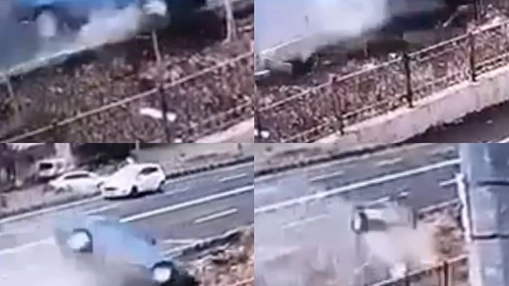 Otomobilin drenaj kanalına uçtuğu anlar görüntülendi